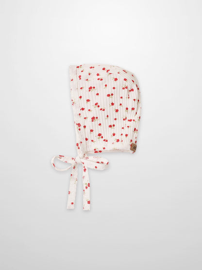 Red Flower Bonnet for Girls by Adee; white fabric with delicate red floral print
