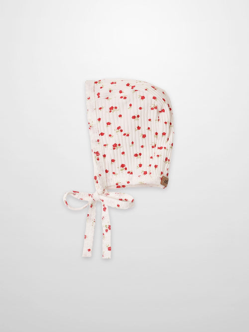 Red Flower Bonnet for Girls by Adee; white fabric with delicate red floral print