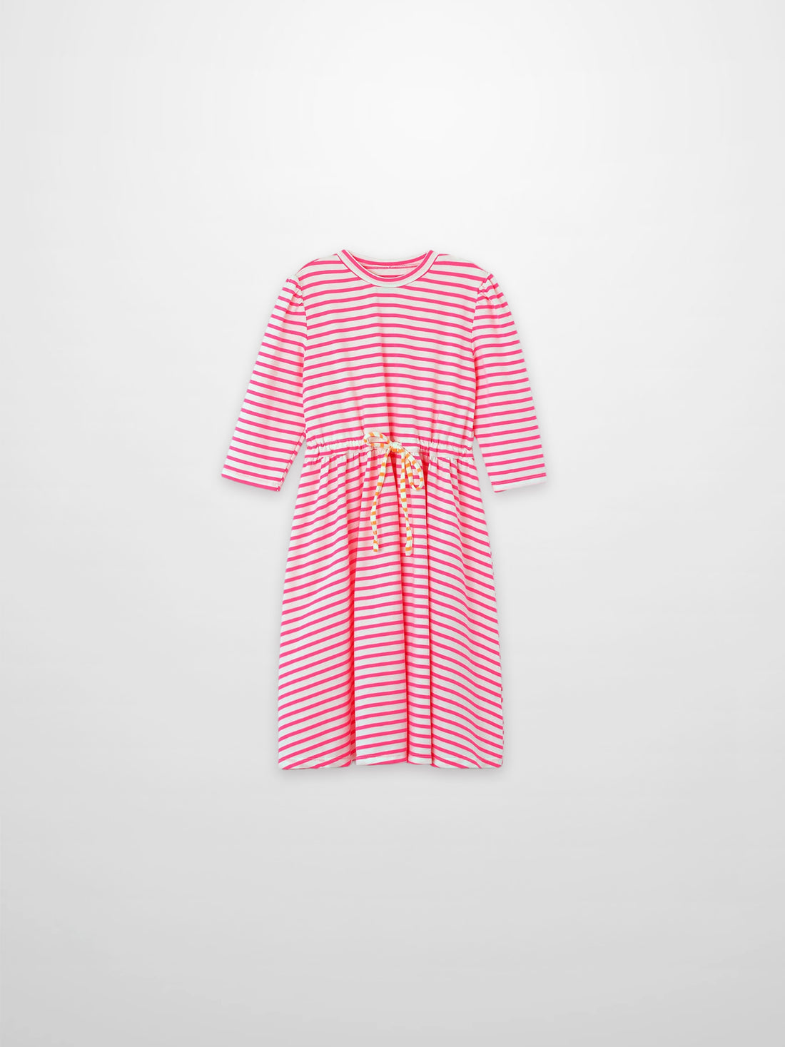 Neon pink striped dress for girls by Adee, 3/4 sleeves with a drawstring waist