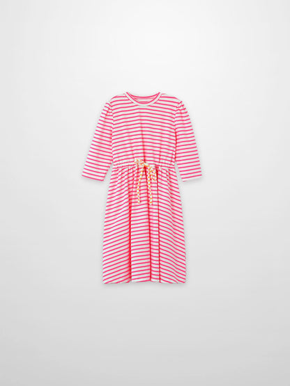 Neon pink striped dress for girls by Adee, 3/4 sleeves with a drawstring waist