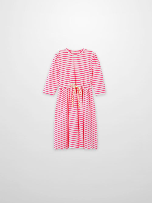 Neon pink striped dress for girls by Adee, 3/4 sleeves with a drawstring waist