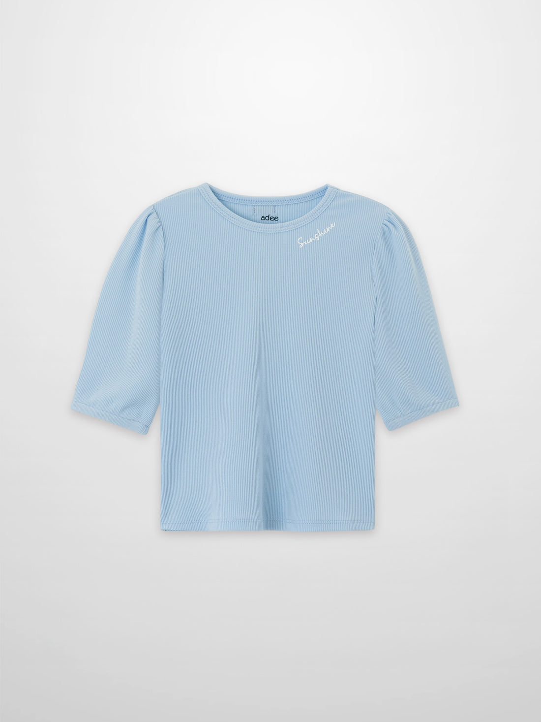 Girls 3/4 puff sleeve T-shirt in light blue by Adee; ribbed knit with Sunshine embroidery