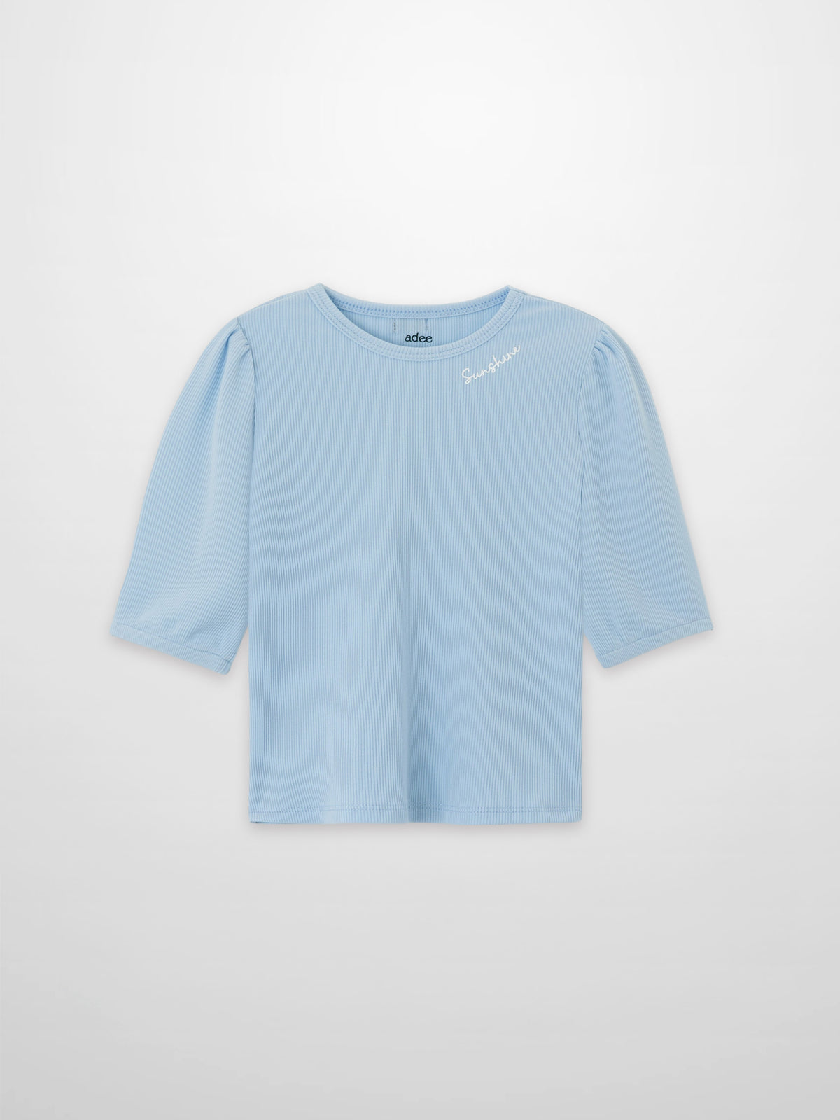 Girls 3/4 puff sleeve T-shirt in light blue by Adee; ribbed knit with Sunshine embroidery
