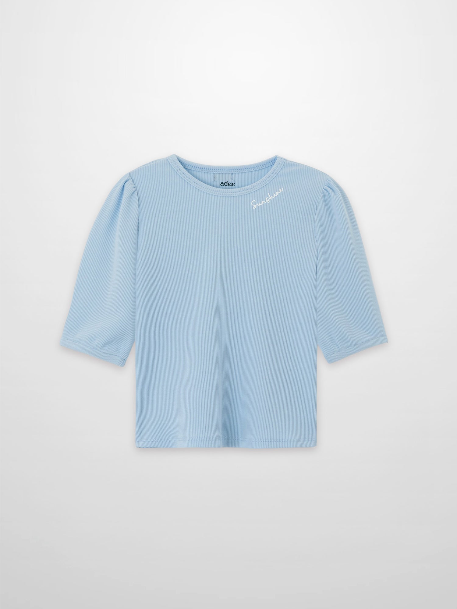 Girls 3/4 puff sleeve T-shirt in light blue by Adee; ribbed knit with Sunshine embroidery