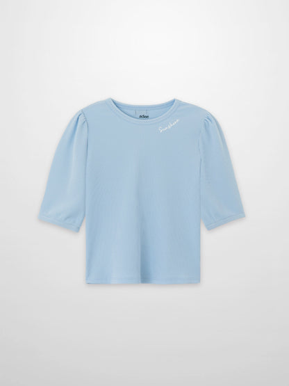 Girls 3/4 puff sleeve T-shirt in light blue by Adee; ribbed knit with Sunshine embroidery