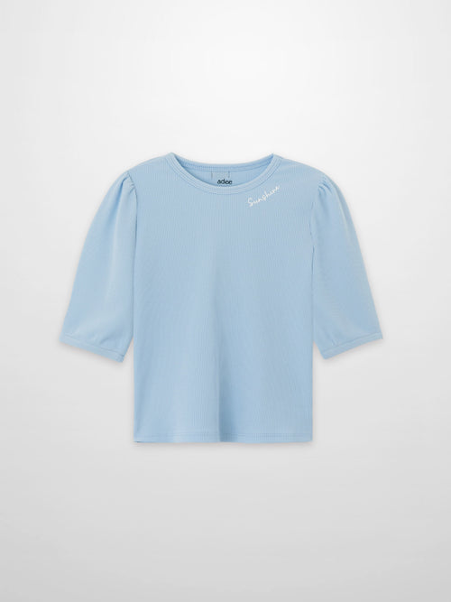 Girls 3/4 puff sleeve T-shirt in light blue by Adee; ribbed knit with Sunshine embroidery