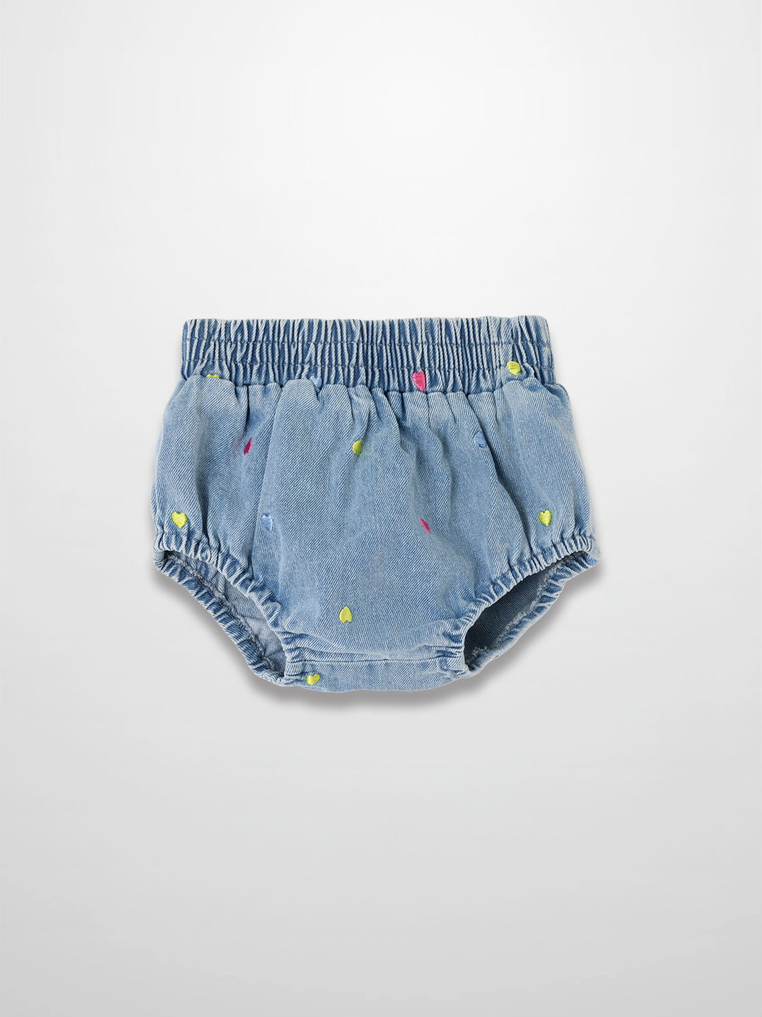 Light denim bloomers with colorful neon heart embroidery and elastic waist.