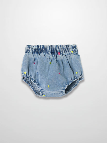 Light denim bloomers with colorful neon heart embroidery and elastic waist.
