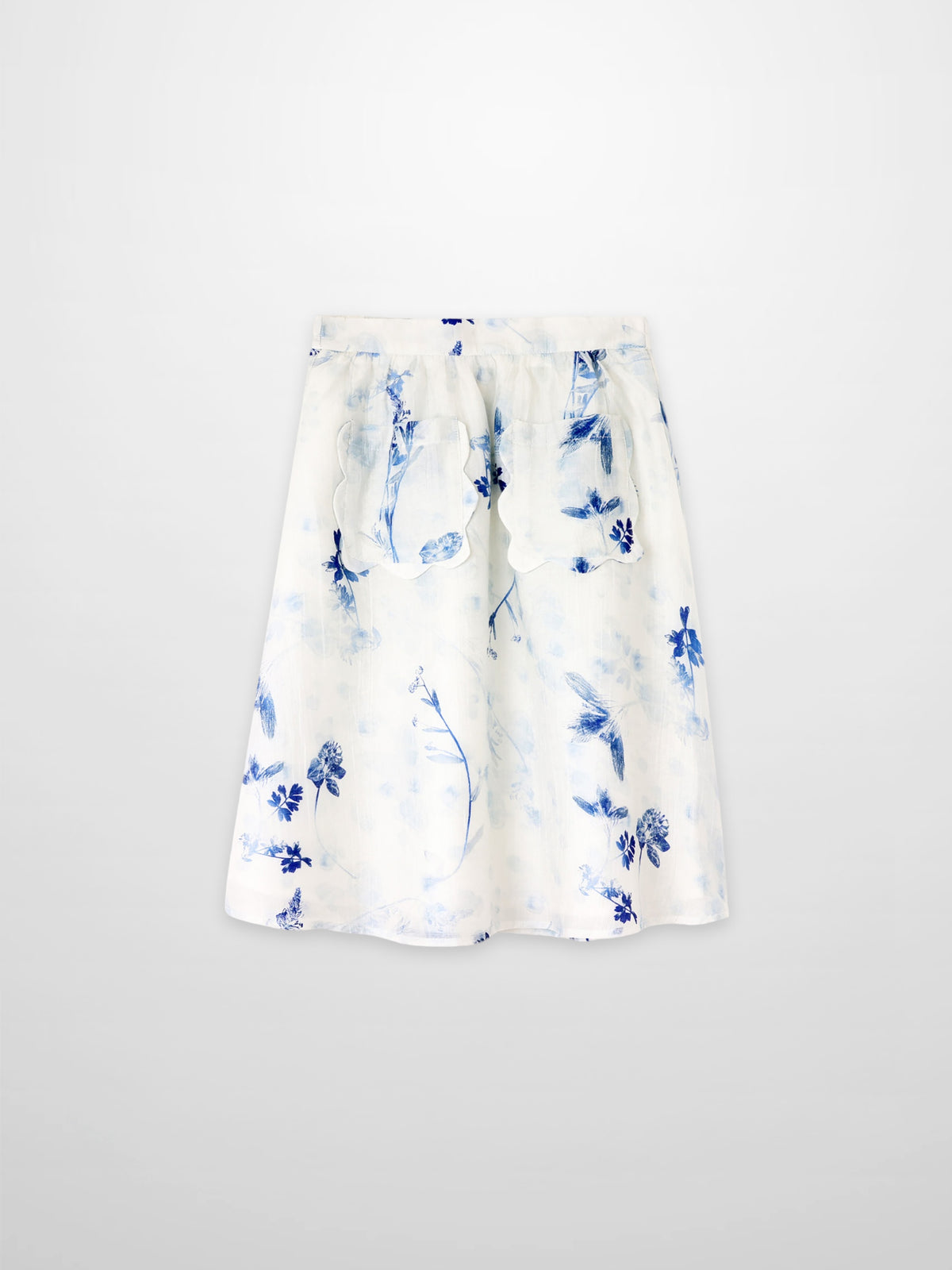 Blue Flower Skirt for girls, Adee dressy white skirt with blue floral print and front scalloped pockets.