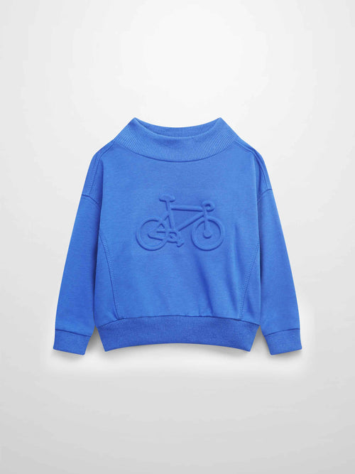 Royal blue bike sweatshirt with embossed bicycle design centered on front and ribbed cuffs.