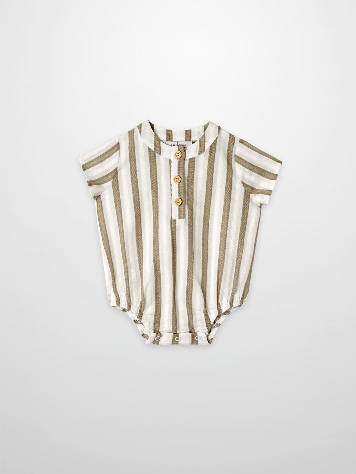Tan and white striped baby romper with front button placket and snap leg closures.