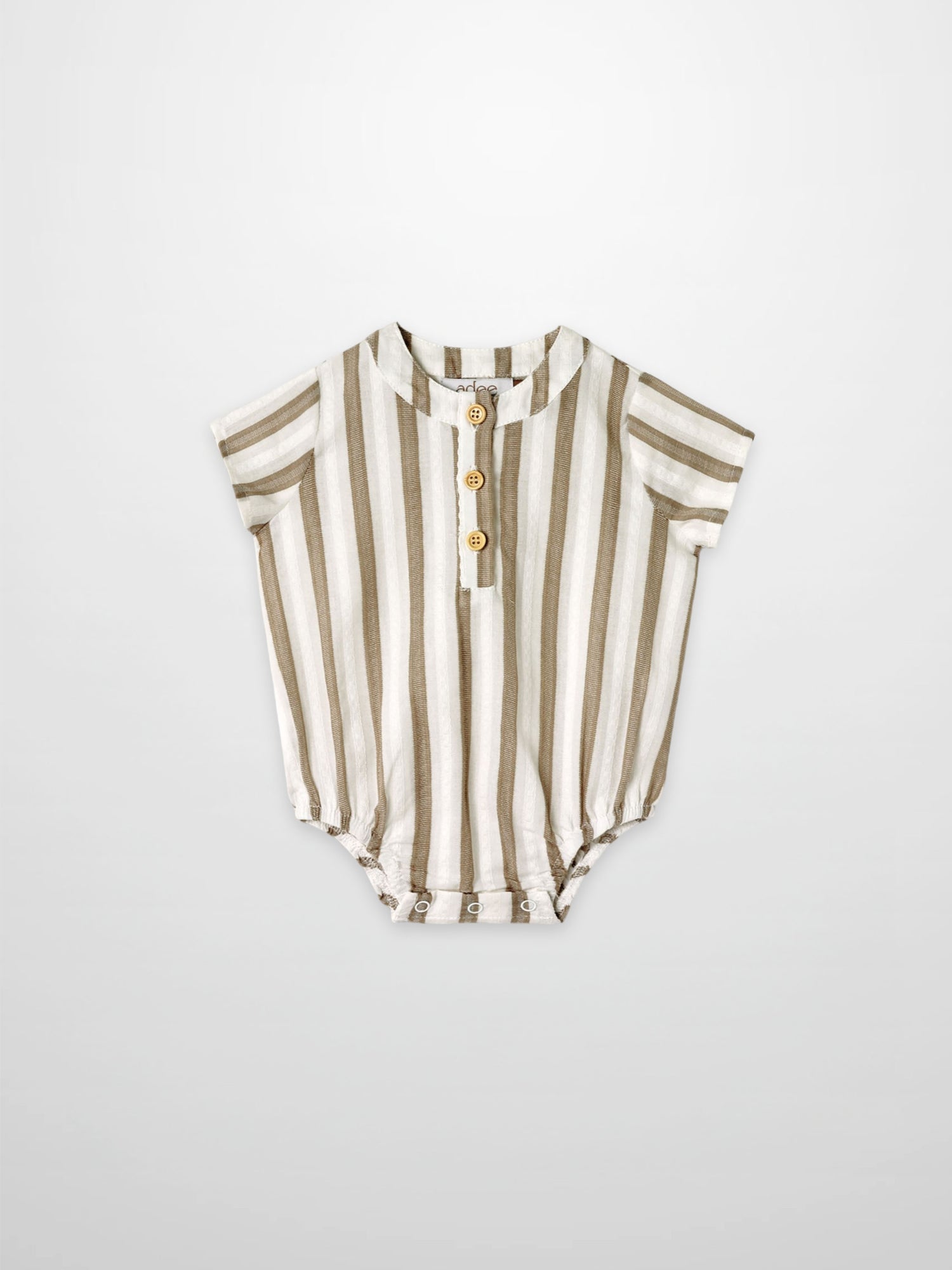 Tan and white striped baby romper with front button placket and snap leg closures.