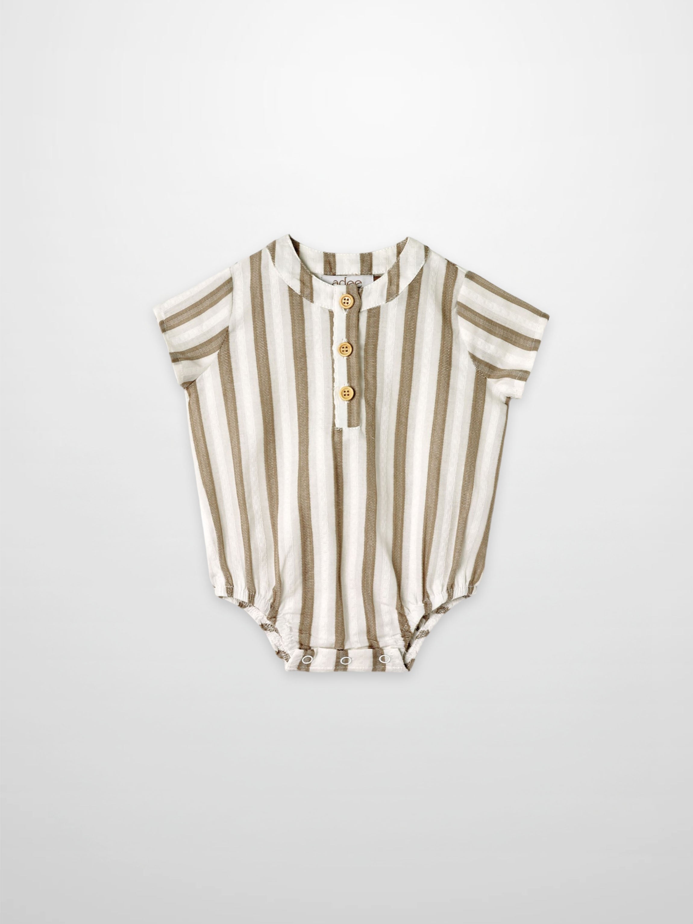 Tan and white striped baby romper with front button placket and snap leg closures.