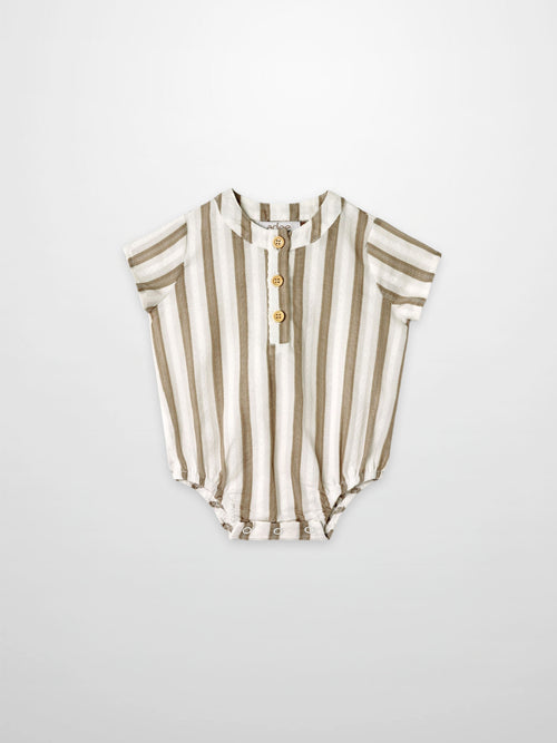 Tan and white striped baby romper with front button placket and snap leg closures.