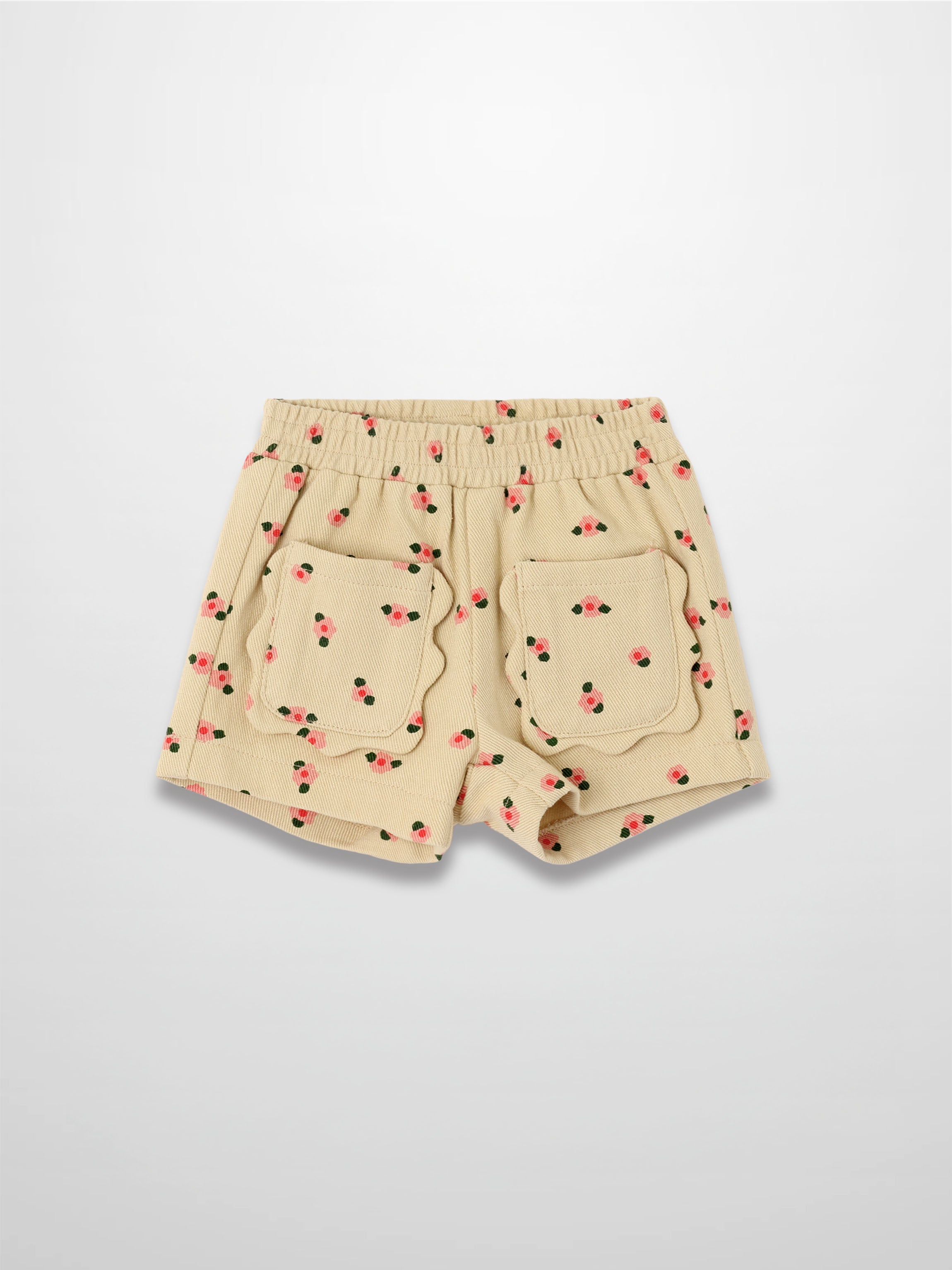 Tan Floral Shorts with pink flowers and green leaves, elastic waistband, and large back pockets.
