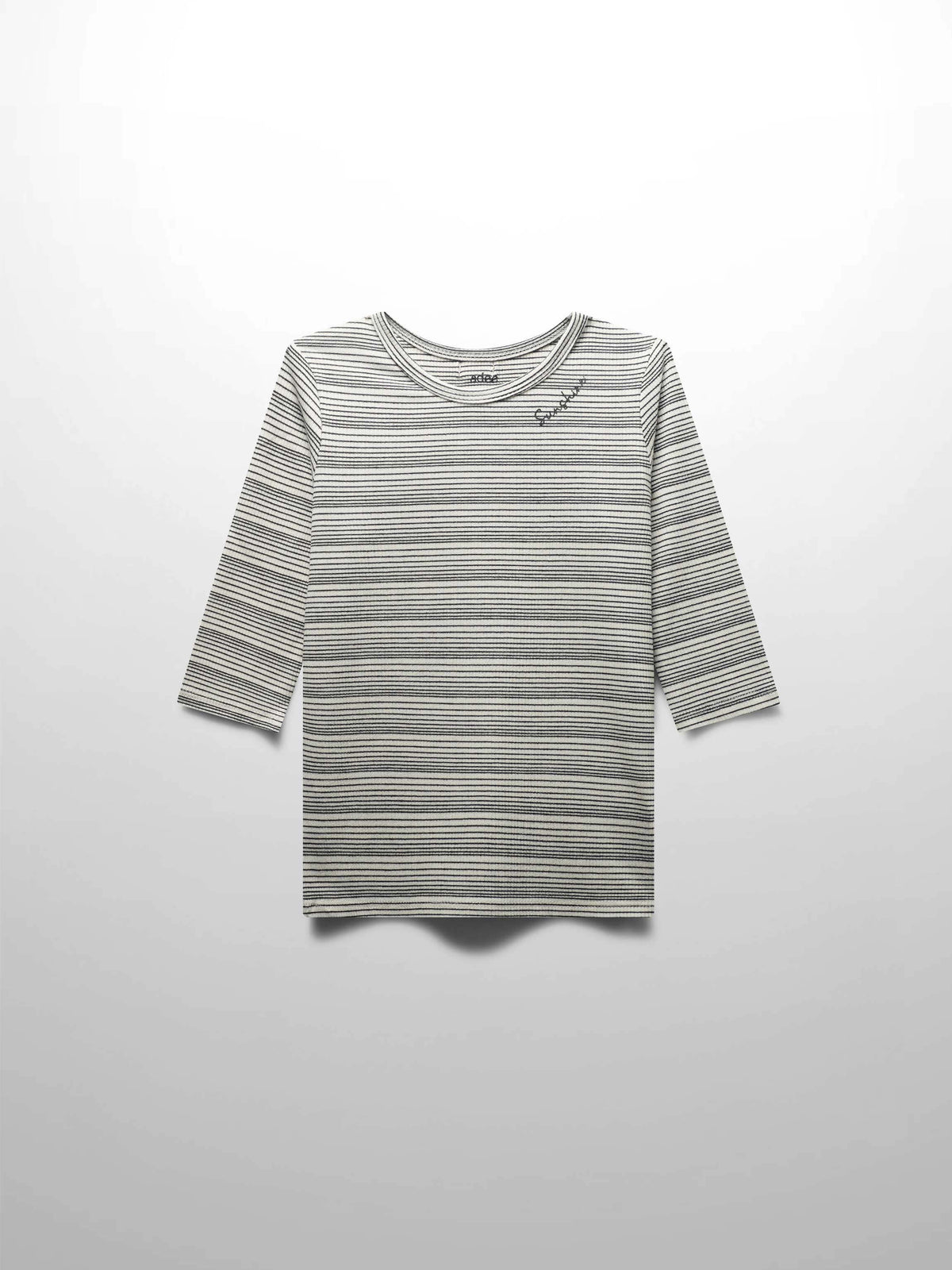 Fitted white tee with thin black stripes gradually widening and narrowing, 3/4 sleeves, Sunshine script on left chest