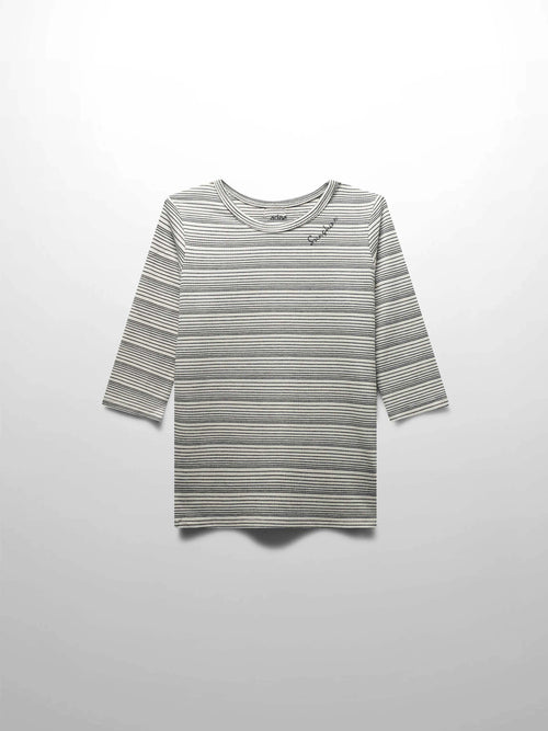 Fitted white tee with thin black stripes gradually widening and narrowing, 3/4 sleeves, Sunshine script on left chest