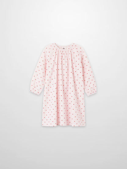 Pink heart nightgown for girls; long-sleeve with red heart print