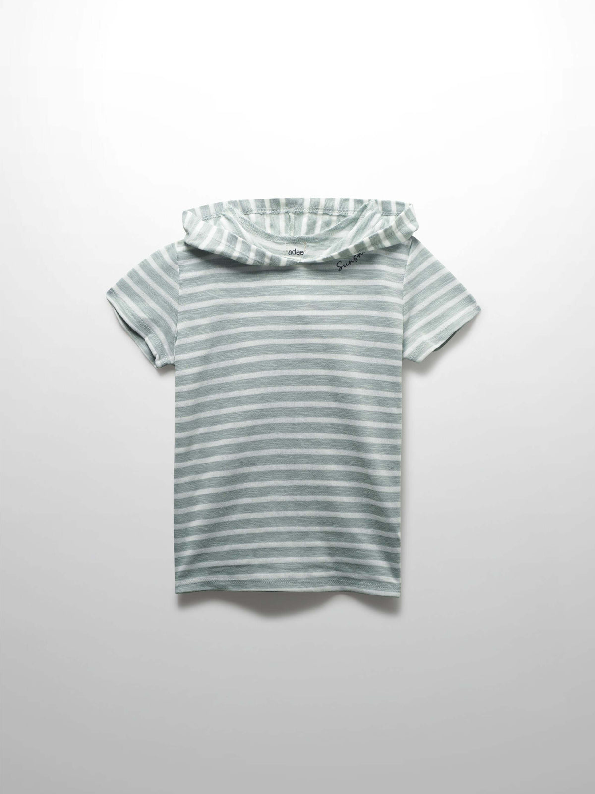 Pastel green and white striped hooded t-shirt for boys, short sleeves, boxy fit, with &