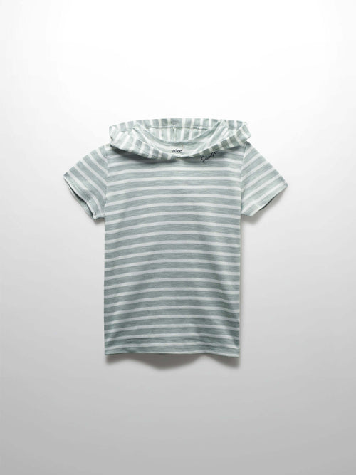 Pastel green and white striped hooded t-shirt for boys, short sleeves, boxy fit, with &