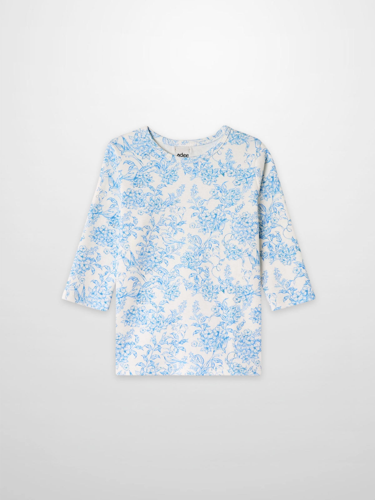 Blue Flowered 3/4 Sleeve T-shirt for girls by Adee with white base and blue floral print