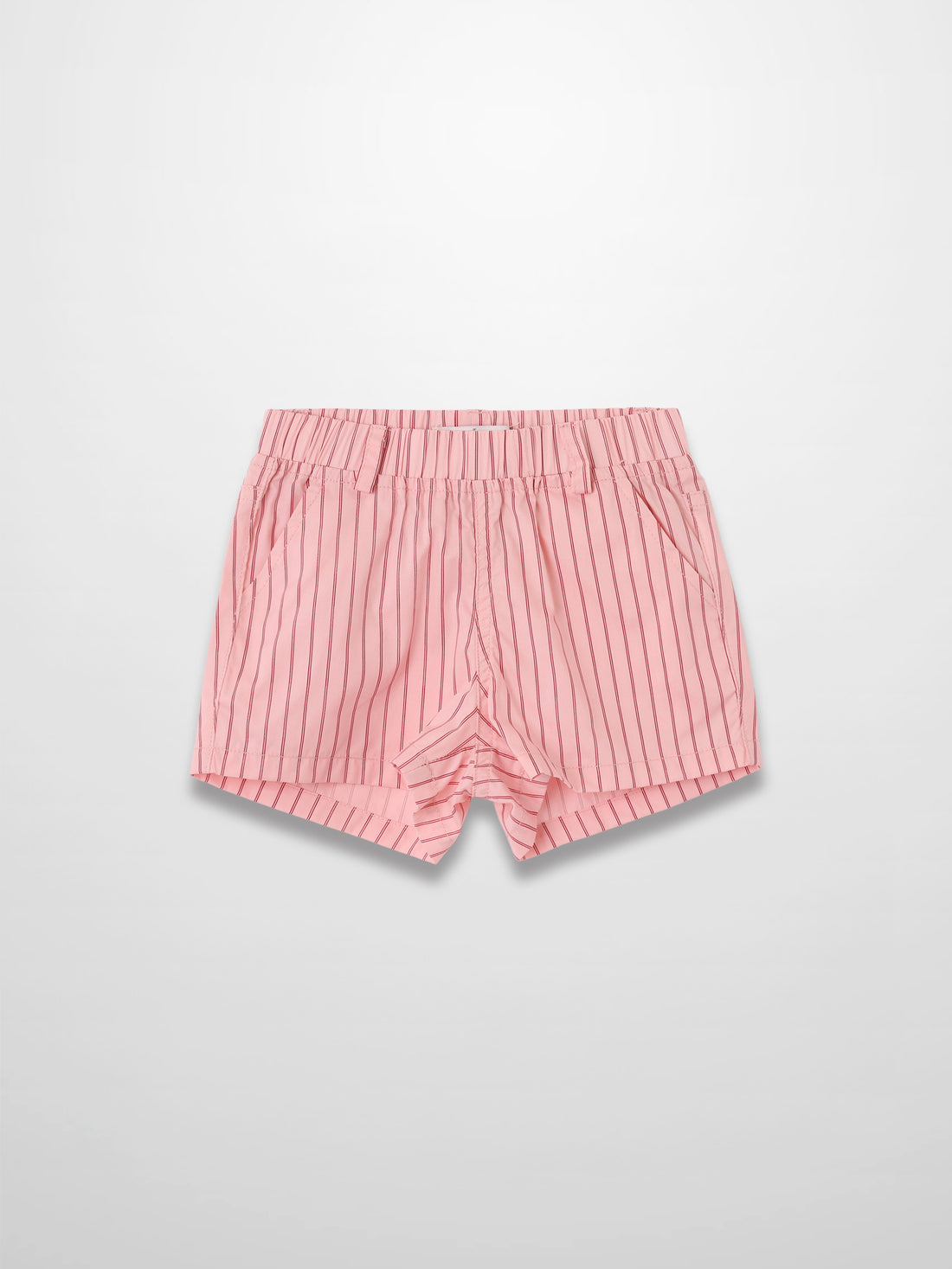 Pink striped cotton shorts with elastic waistband and side pockets.