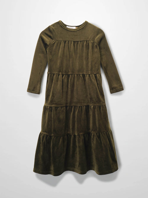 Tiered hunter green velour dress for girls with long sleeves and plush fabric.