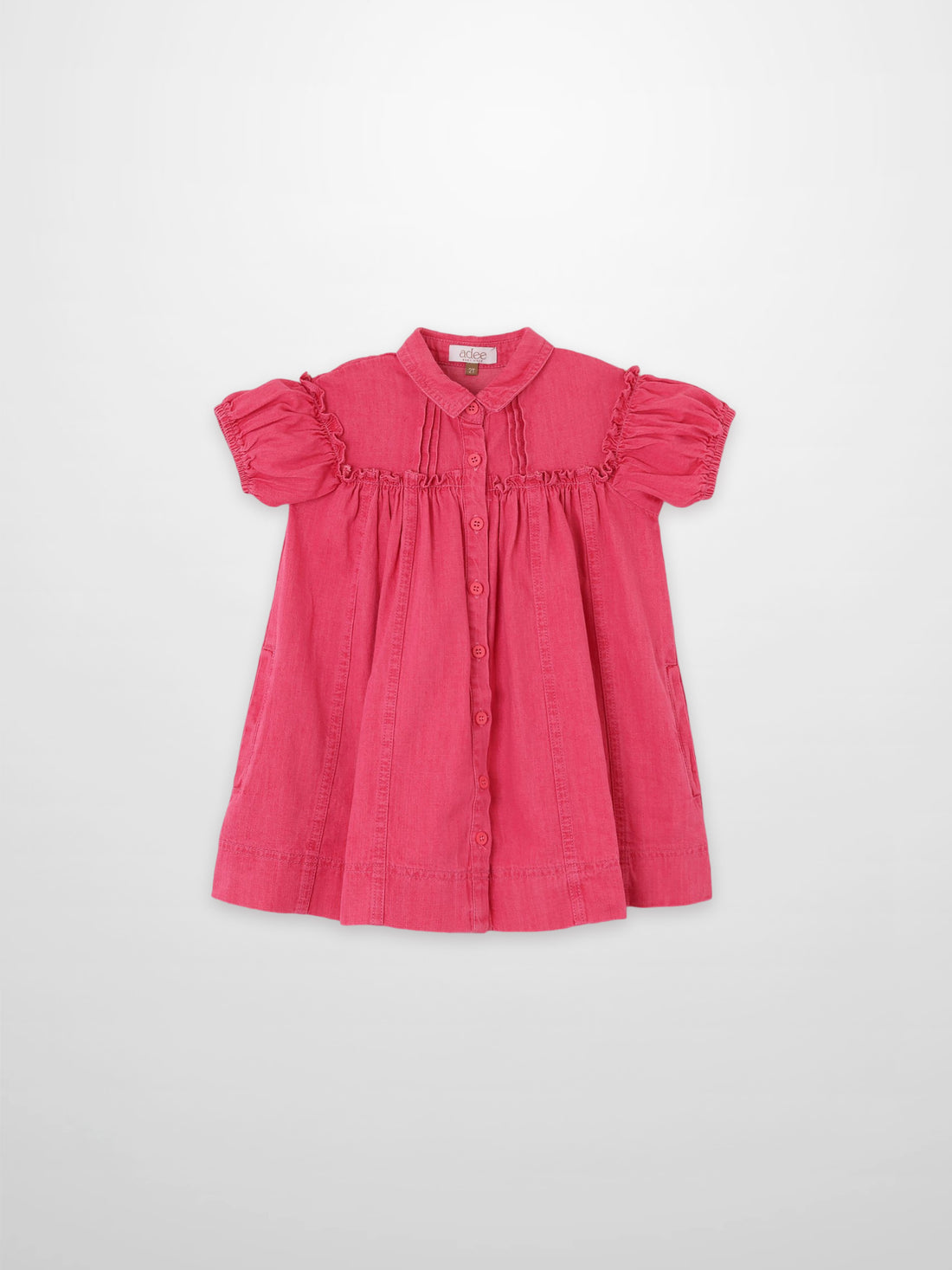 Girls pink denim short-sleeve dress by Adee with button-down front and ruffle yoke