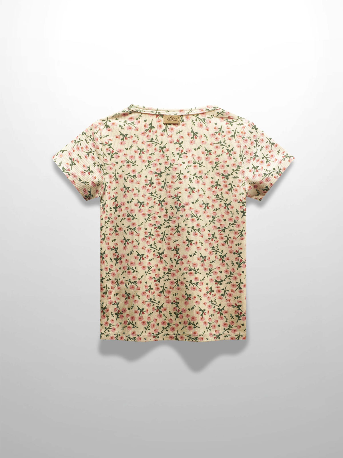 Floral Robe- Short Sleeve T-Shirt on light tan fabric with pink and green floral print.