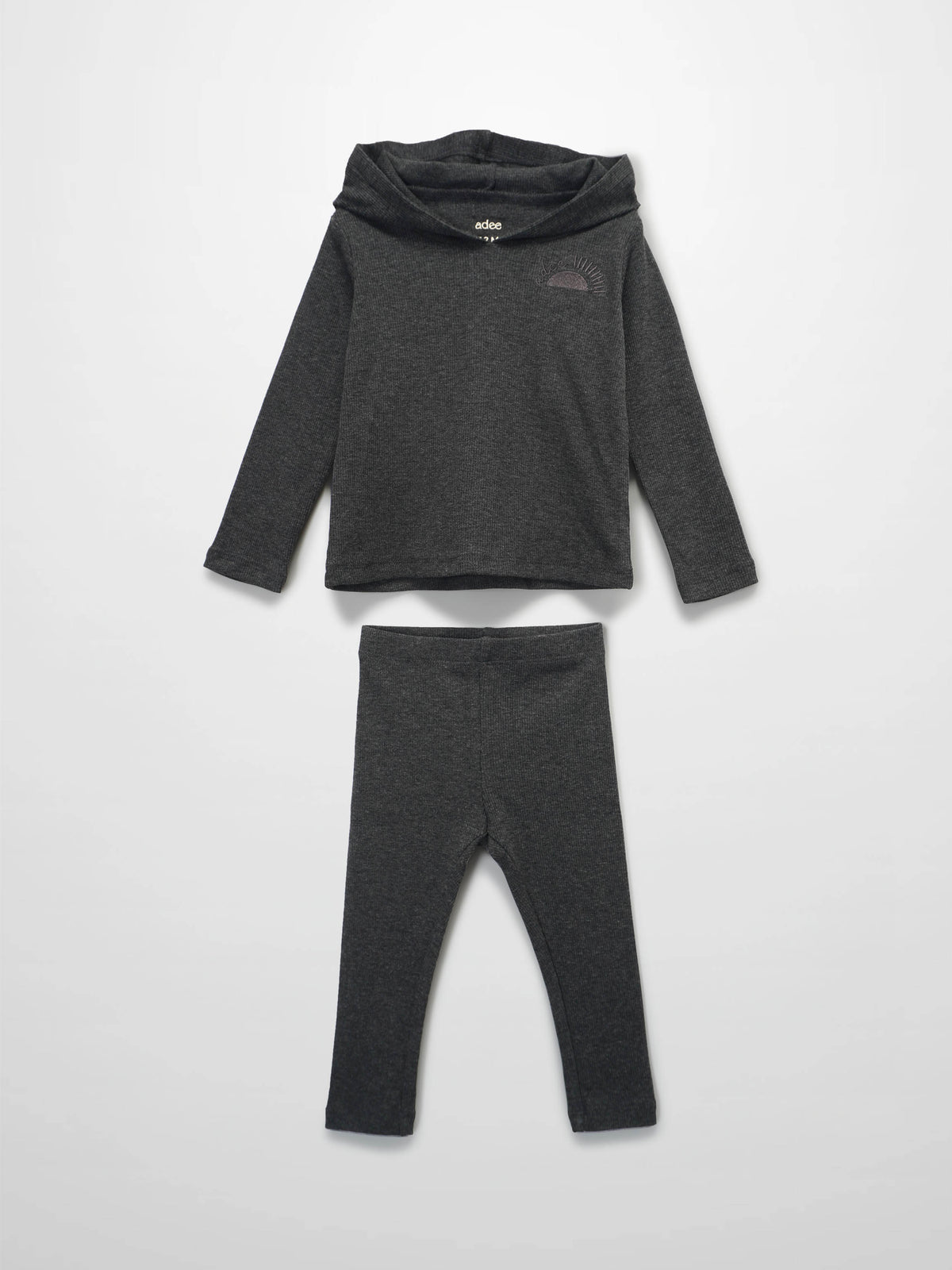 Grey ribbed hoodie set with hood and matching leggings for babies; hood features rising sun and Adee lettering.