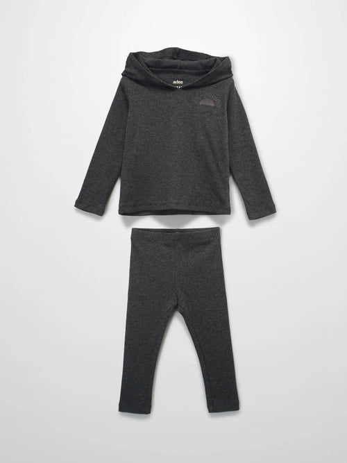 Grey ribbed hoodie set with hood and matching leggings for babies; hood features rising sun and Adee lettering.
