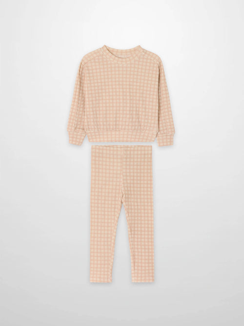 Girls 2-piece pajamas set by Adee, Pink Squared plaid grid pattern, includes long-sleeve top and pants