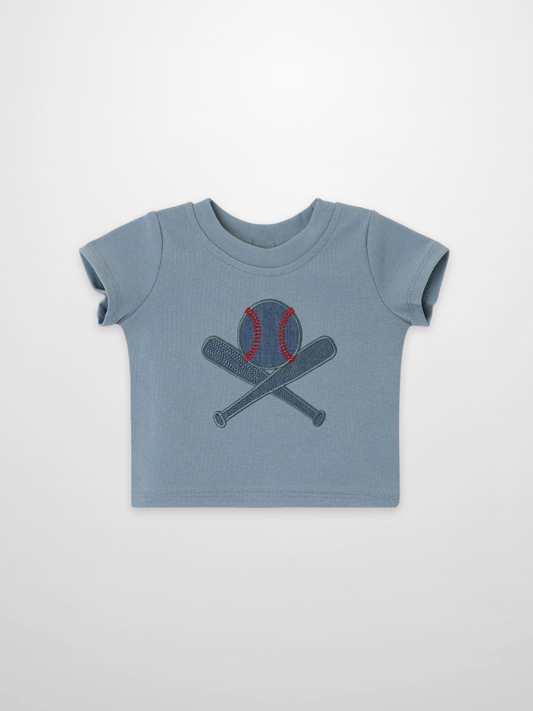 Baseball T-shirt for boys by Adee in light blue with crossed-bats baseball graphic.