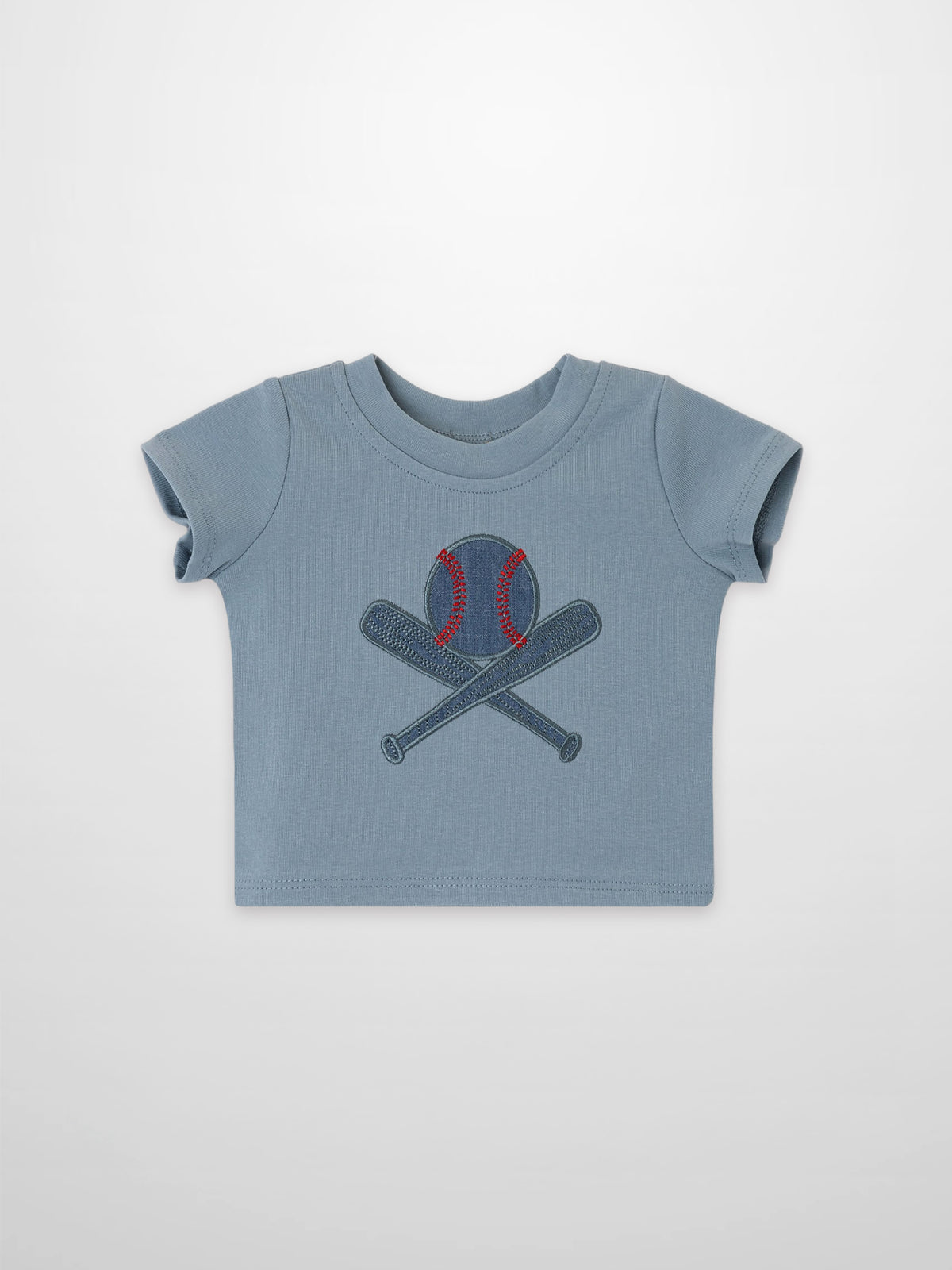Baseball T-shirt for boys by Adee in light blue with crossed-bats baseball graphic.