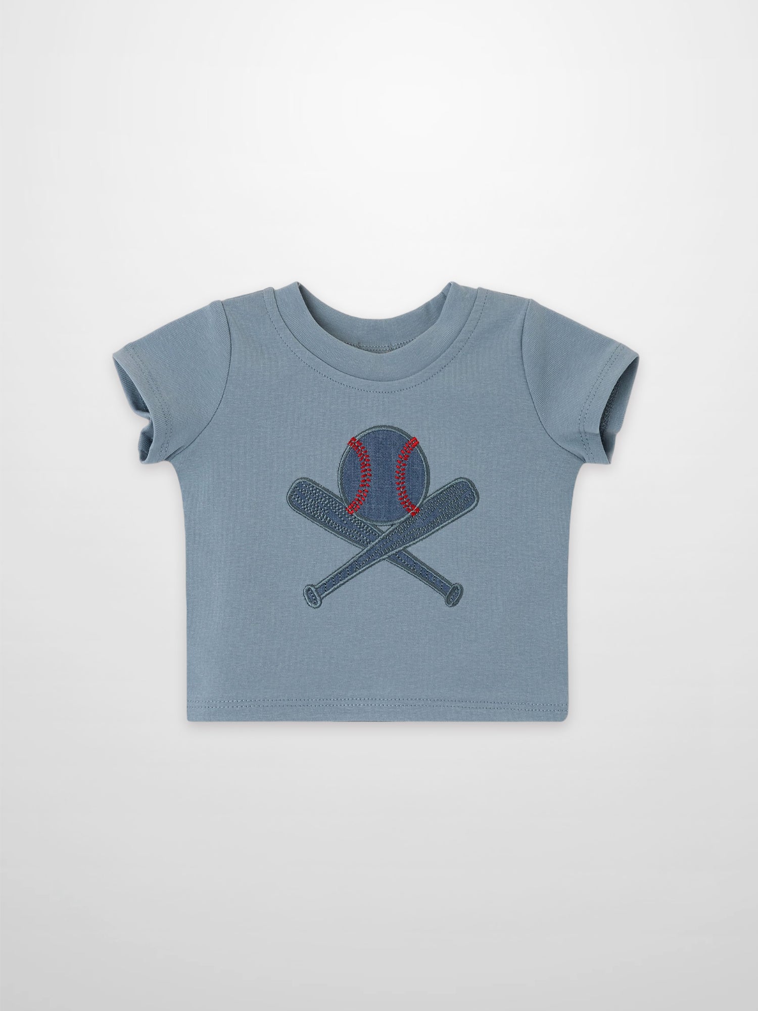 Baseball T-shirt for boys by Adee in light blue with crossed-bats baseball graphic.