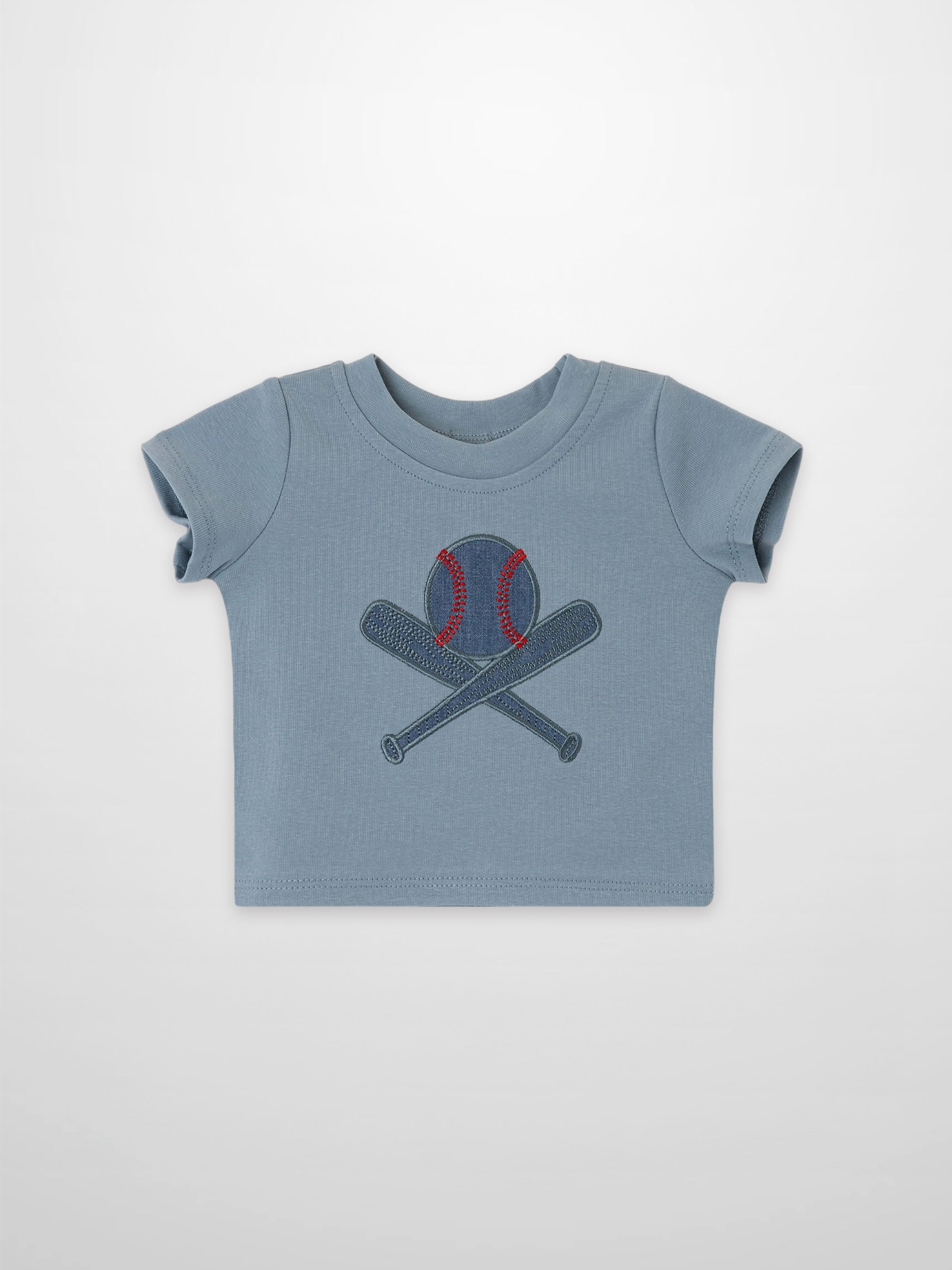 Baseball T-shirt for boys by Adee in light blue with crossed-bats baseball graphic.