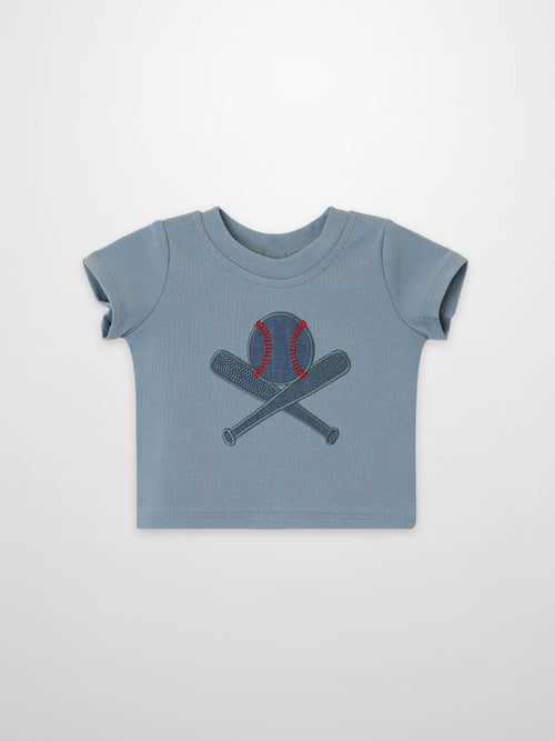 Baseball T-shirt for boys by Adee in light blue with crossed-bats baseball graphic.