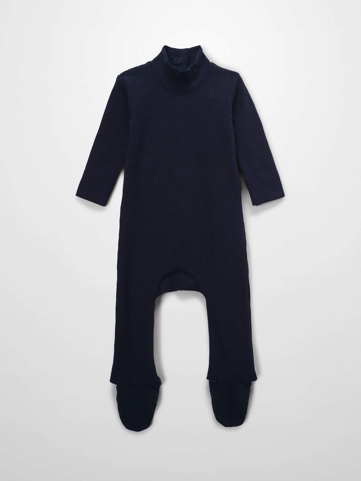Navy ribbed-knit baby footie for boys with mock neck and stretchy fabric