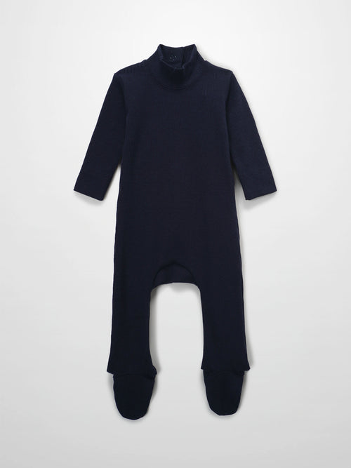 Navy ribbed-knit baby footie for boys with mock neck and stretchy fabric
