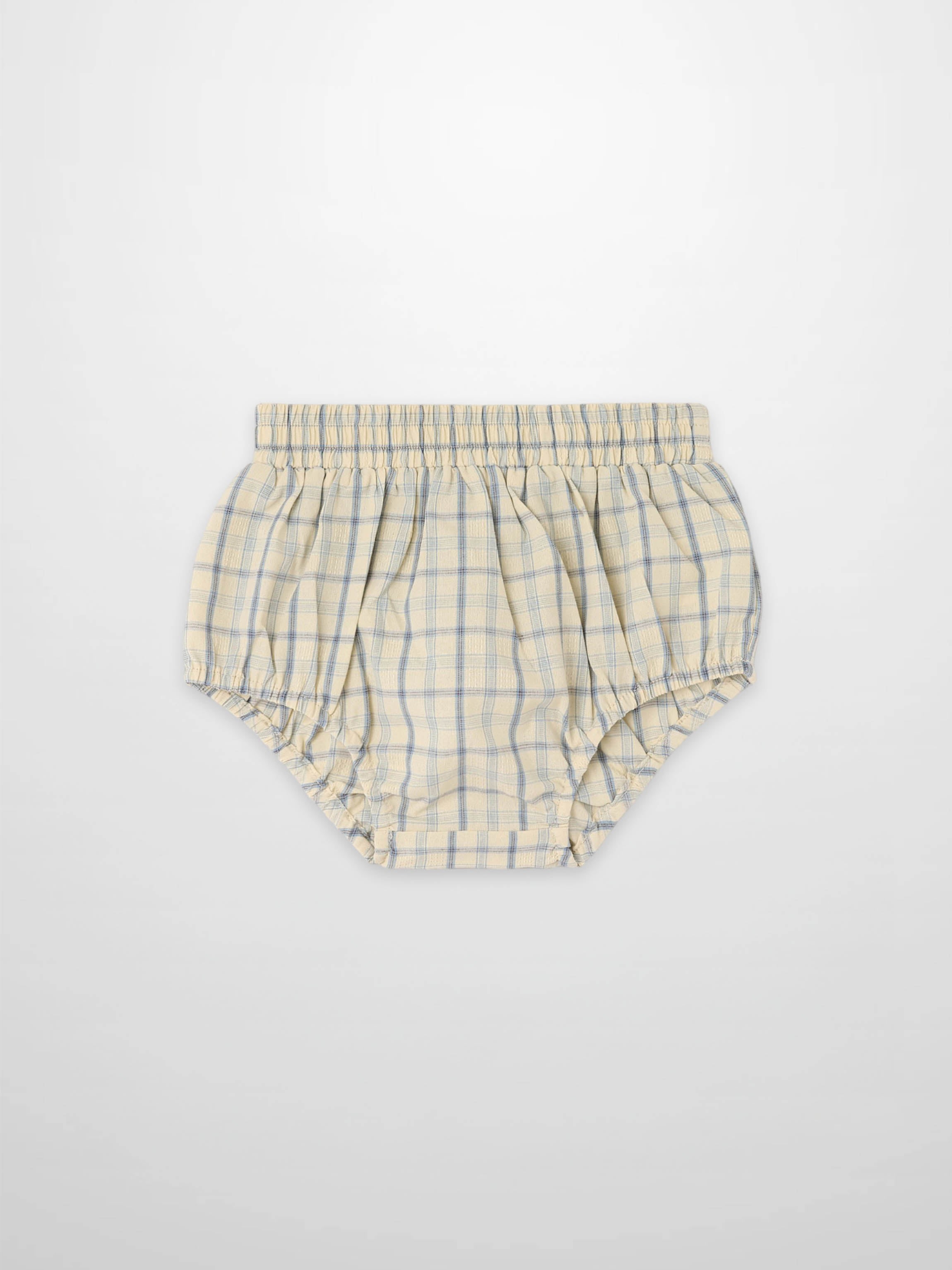 Plaid bloomers for boys, beige with blue plaid pattern, elastic waist and leg cuffs