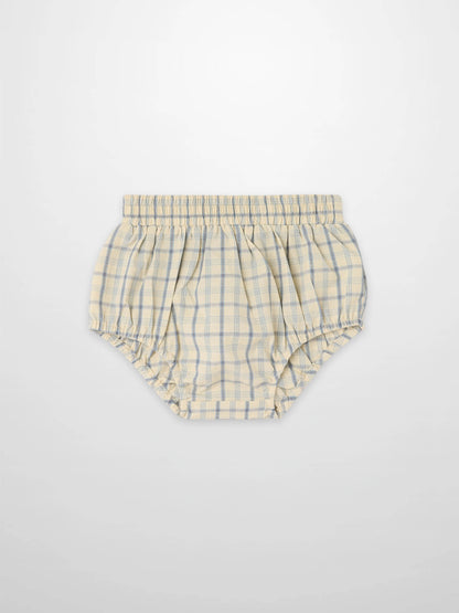 Plaid bloomers for boys, beige with blue plaid pattern, elastic waist and leg cuffs
