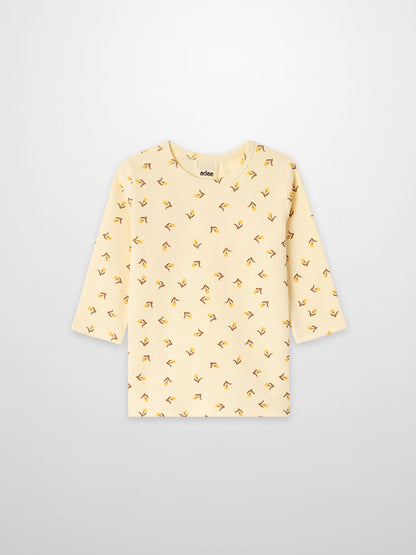 Butter Yellow Tulip T-shirt for girls by Adee, 3/4 sleeve with small tulip print