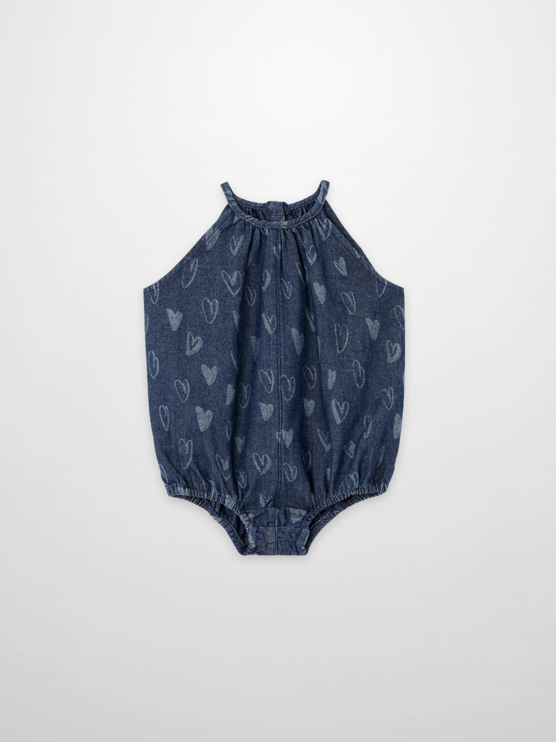 Denim Heart Romper for girls by Adee, blue denim with light heart print.