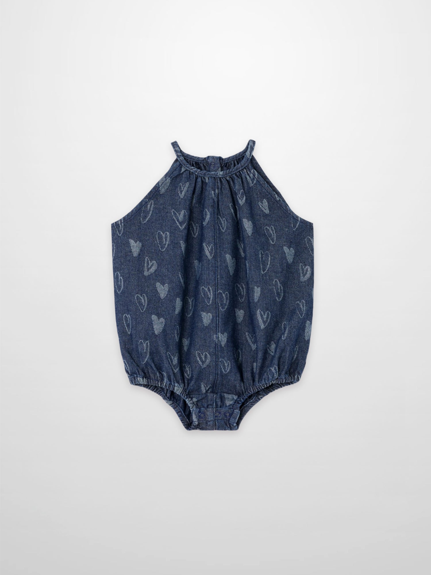 Denim Heart Romper for girls by Adee, blue denim with light heart print.