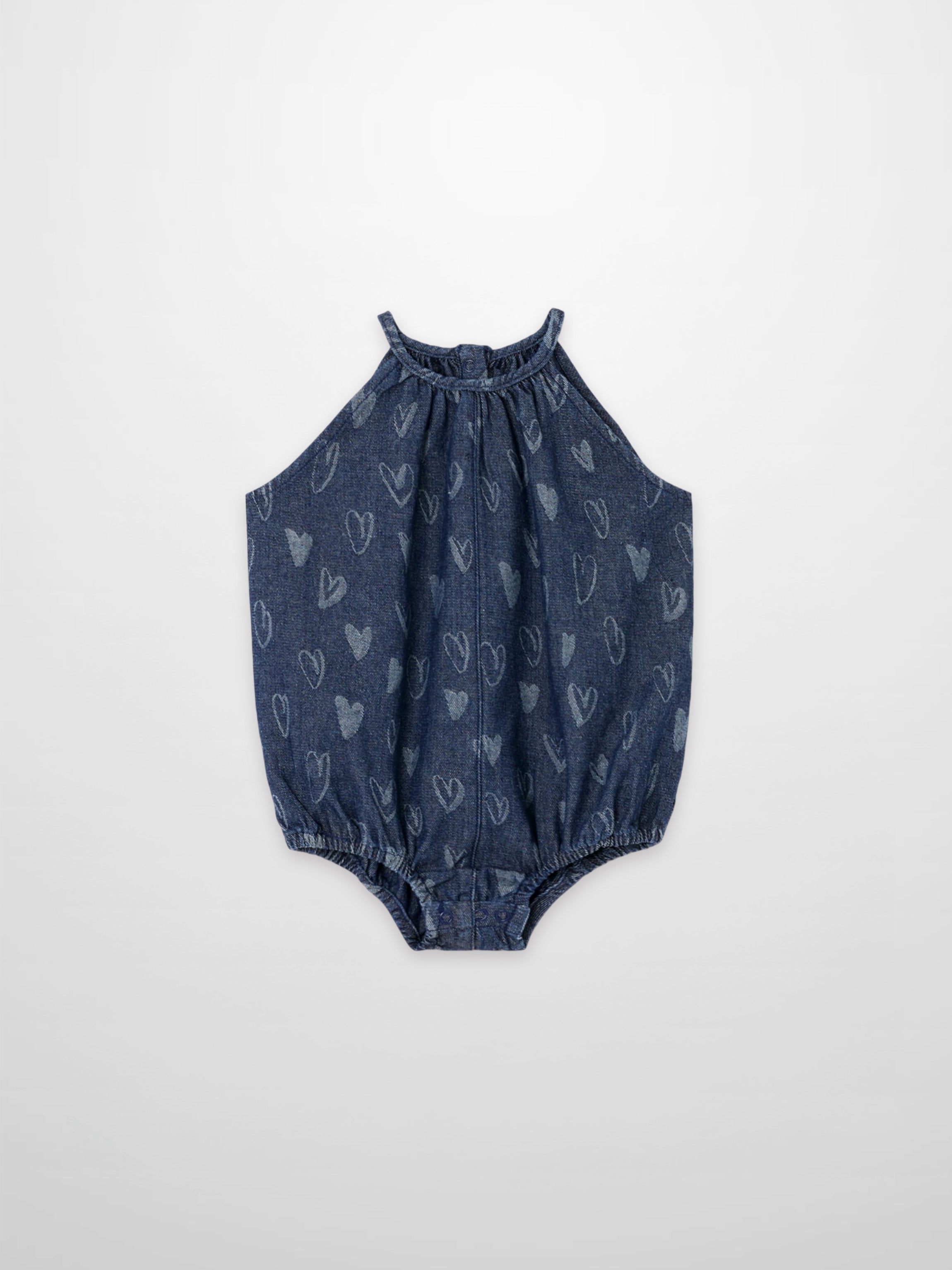 Denim Heart Romper for girls by Adee, blue denim with light heart print.