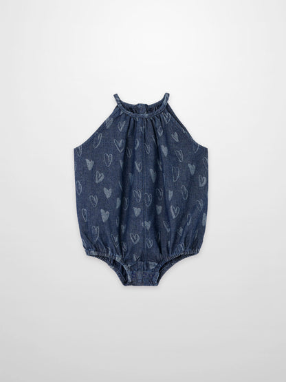 Denim Heart Romper for girls by Adee, blue denim with light heart print.