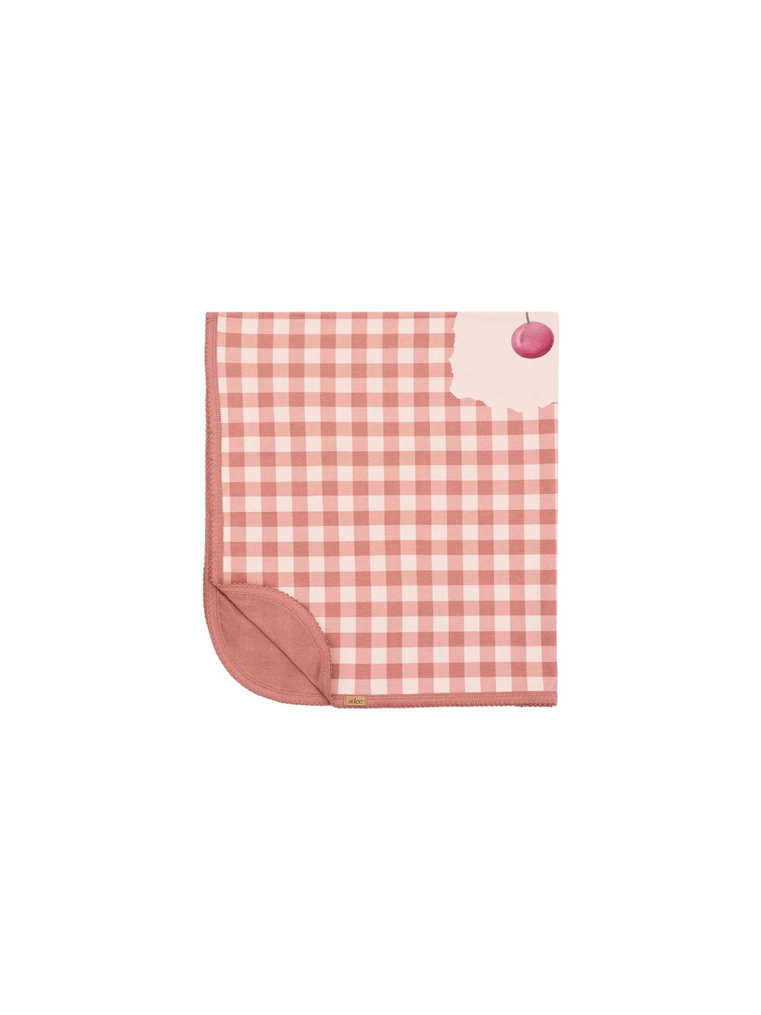 Cherry Frame Receiving Blanket by Adee in pink and white gingham with cherry corner accent.