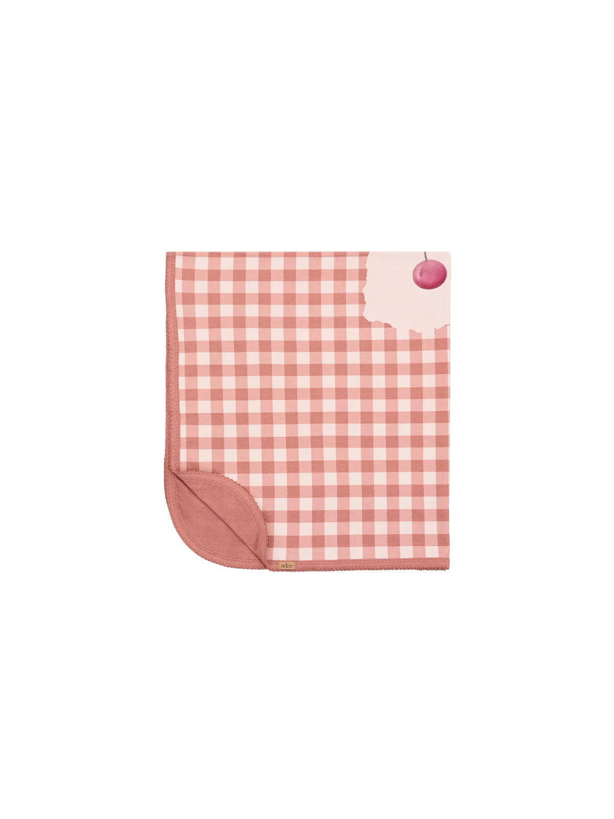 Cherry Frame Receiving Blanket by Adee in pink and white gingham with cherry corner accent.
