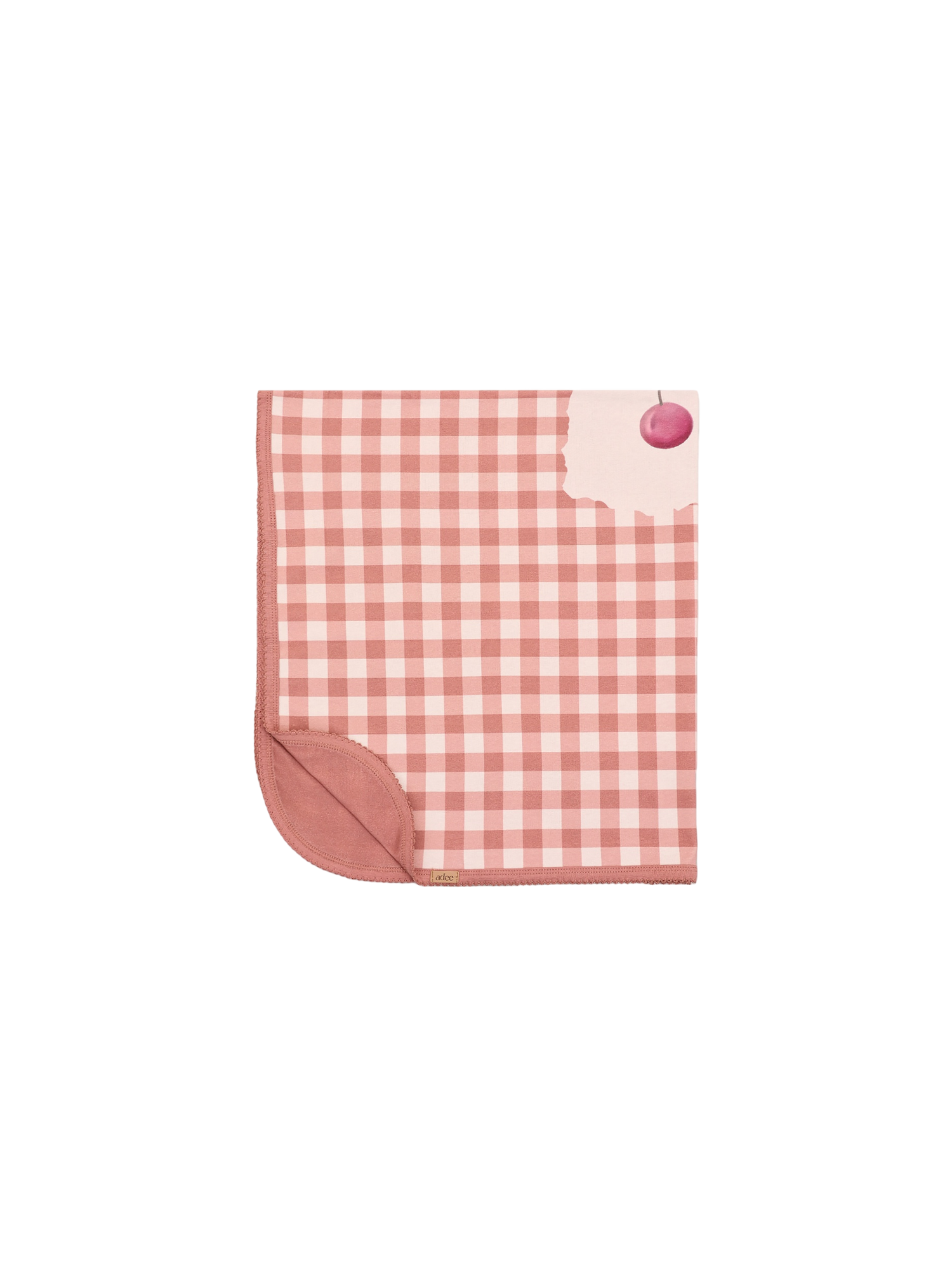 Cherry Frame Receiving Blanket by Adee in pink and white gingham with cherry corner accent.