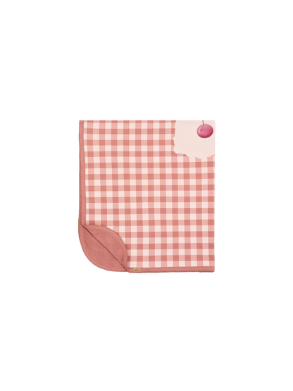 Cherry Frame Receiving Blanket by Adee in pink and white gingham with cherry corner accent.